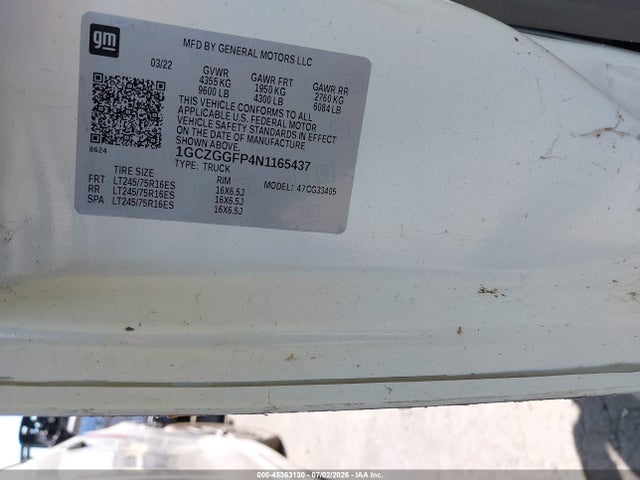45363130 :رقم المزاد ، 1GCZGGFP4N1165437 vin ، 2022 Chevrolet Express Cargo Rwd 3500 Regular Wheelbase Wt مزاد بيع