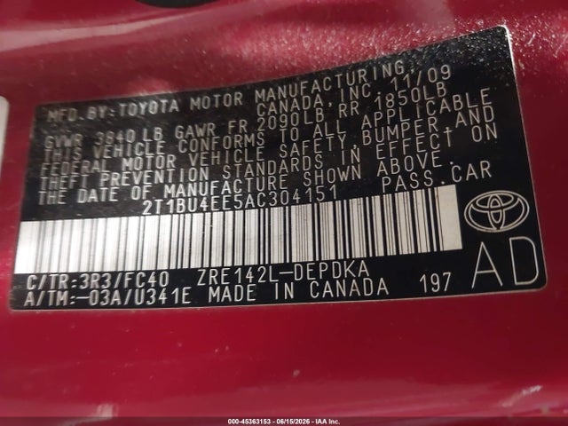 Aukcja sprzedaży 2010 Toyota Corolla Le, vin: 2T1BU4EE5AC304151, numer aukcji: 45363153