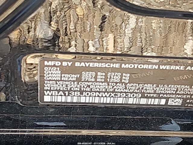 Aukcja sprzedaży 2022 Bmw 530 I Xdrive, vin: WBA13BJ09NWX39309, numer aukcji: 45363167