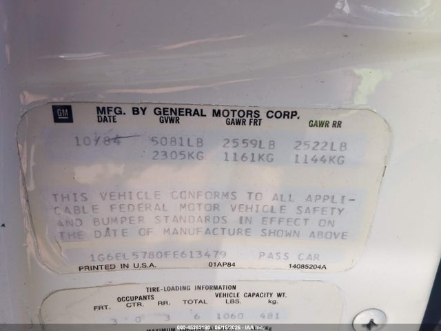 Aukcja sprzedaży 1985 Cadillac Eldorado, vin: 1G6EL5780FE613479, numer aukcji: 45363180