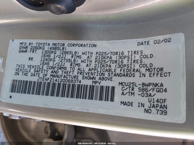 Aukcja sprzedaży 2002 Toyota Highlander V6, vin: JTEHF21A120068374, numer aukcji: 45363181