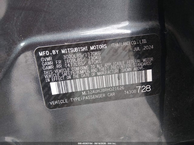 2024 Mitsubishi Mirage Es/le მანქანა იყიდება აუქციონზე, vin: ML32AUHJ8RH021626, აუქციონის ნომერი: 45363194