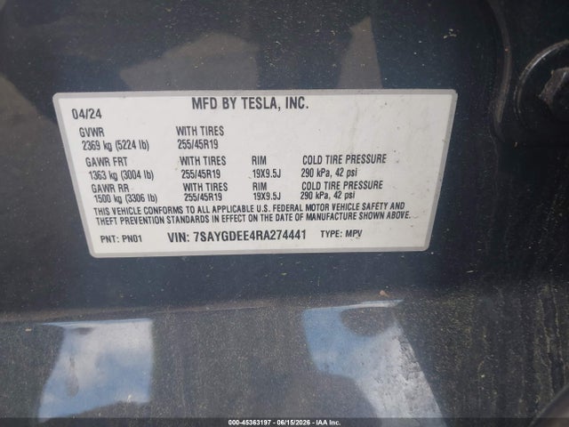 Продаж на аукціоні авто 2024 Tesla Model Y Long Range Dual Motor All-wheel Drive, vin: 7SAYGDEE4RA274441, номер лоту: 45363197