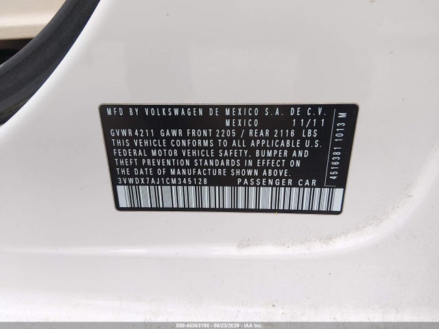 Продаж на аукціоні авто 2012 Volkswagen Jetta 2.5l Se, vin: 3VWDX7AJ1CM345128, номер лоту: 45363198