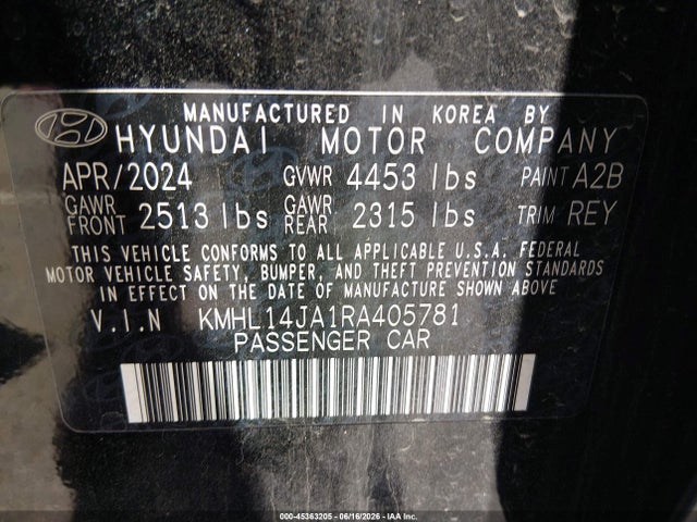 Aukcja sprzedaży 2024 Hyundai Sonata Sel, vin: KMHL14JA1RA405781, numer aukcji: 45363205