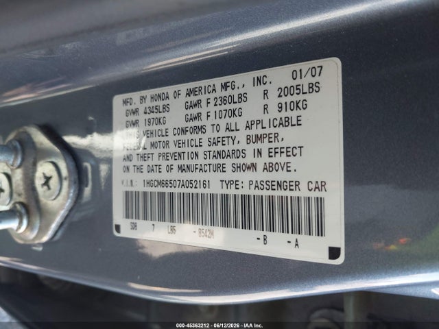 2007 Honda Accord 3.0 Ex მანქანა იყიდება აუქციონზე, vin: 1HGCM66507A052161, აუქციონის ნომერი: 45363212