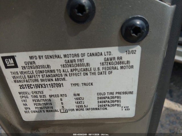 Aukcja sprzedaży 2003 Gmc Sierra 1500 Sle, vin: 2GTEC19VX31197091, numer aukcji: 45363249