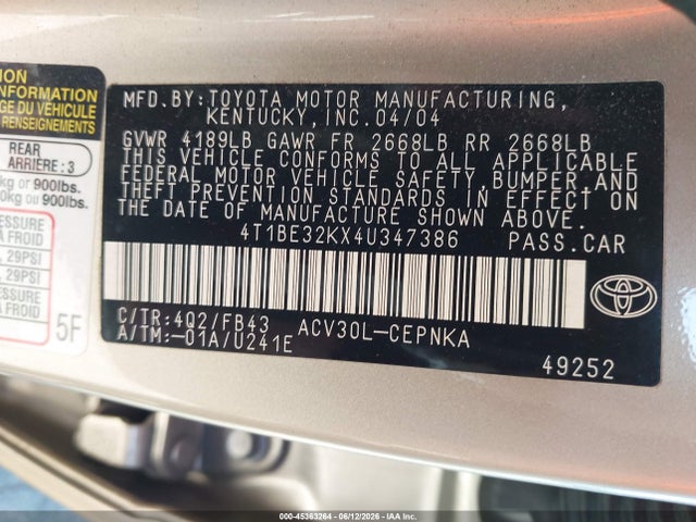 2004 Toyota Camry Le მანქანა იყიდება აუქციონზე, vin: 4T1BE32KX4U347386, აუქციონის ნომერი: 45363264