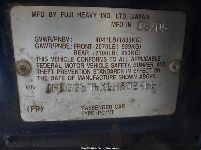 Продаж на аукціоні авто 2006 Subaru Impreza 2.5i, vin: JF1GG676X6H802966, номер лоту: 45363268