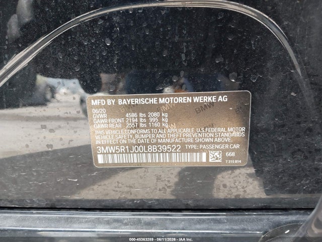 45363289 :رقم المزاد ، 3MW5R1J00L8B39522 vin ، 2020 Bmw 330i مزاد بيع