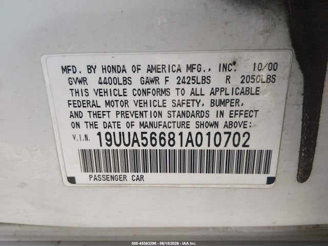 2001 Acura Tl 3.2 მანქანა იყიდება აუქციონზე, vin: 19UUA56681A010702, აუქციონის ნომერი: 45363296