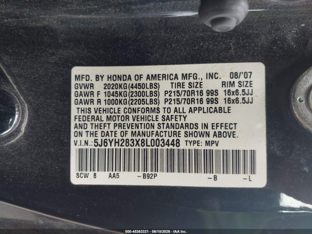 Продажа на аукционе авто 2008 Honda Element Lx, vin: 5J6YH283X8L003448, номер лота: 45363321
