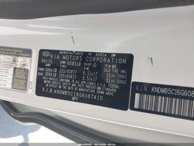 Aukcja sprzedaży 2016 Kia Sedona Lx, vin: KNDMB5C16G6087410, numer aukcji: 45363327