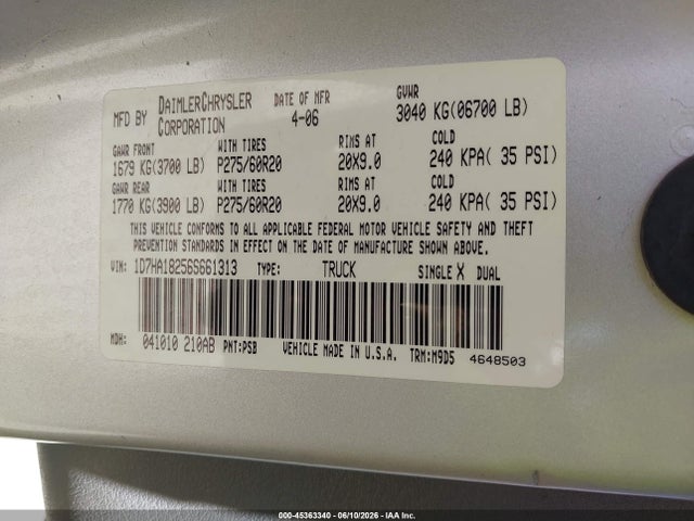 Aukcja sprzedaży 2006 Dodge Ram 1500 Slt, vin: 1D7HA18256S661313, numer aukcji: 45363340