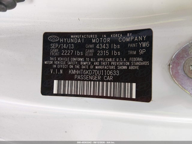 Aukcja sprzedaży 2013 Hyundai Genesis 2.0t Premium, vin: KMHHT6KD7DU110633, numer aukcji: 45363342