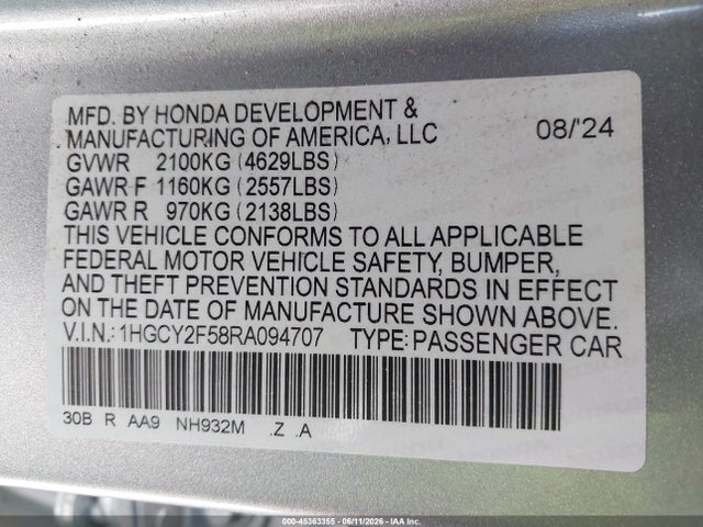 1HGCY2F58RA094707 Honda Accord Hybrid Sport