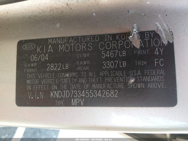 Aukcja sprzedaży 2005 Kia Sorento Ex/lx, vin: KNDJD733455342682, numer aukcji: 45363391