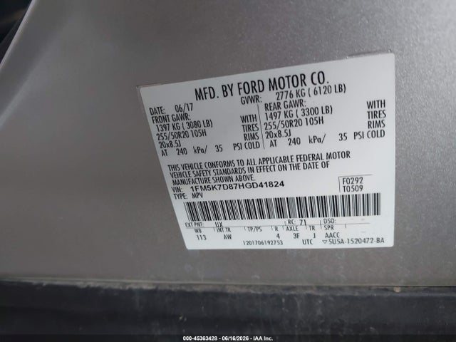 1FM5K7D87HGD41824 Ford EXPLORER XLT