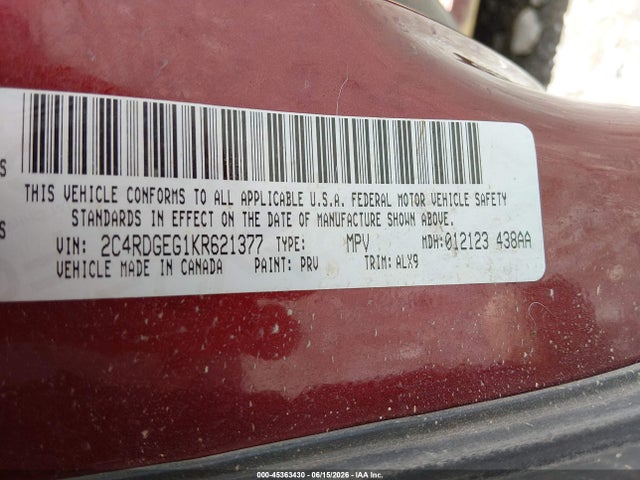 45363430 :رقم المزاد ، 2C4RDGEG1KR621377 vin ، 2019 Dodge Grand Caravan Gt مزاد بيع