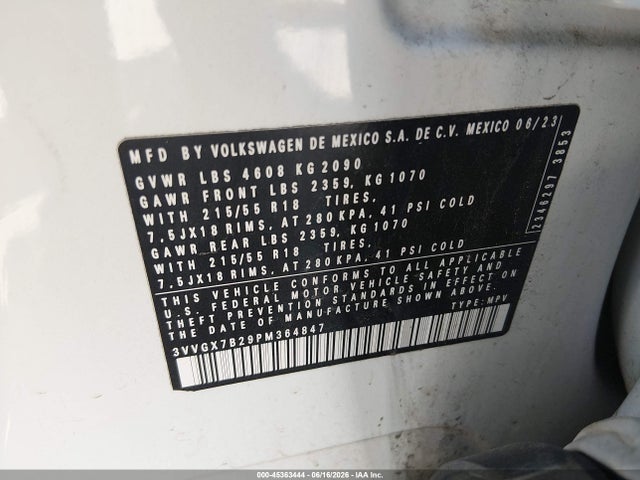 2023 Volkswagen Taos 1.5t S მანქანა იყიდება აუქციონზე, vin: 3VVGX7B29PM364847, აუქციონის ნომერი: 45363444
