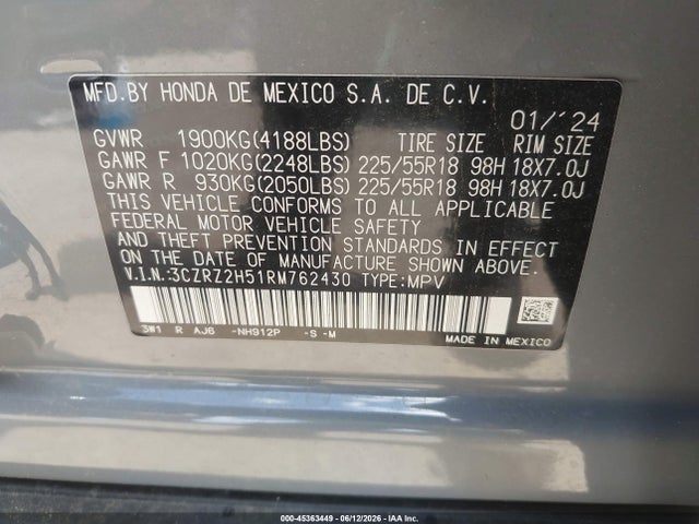 2024 Honda Hr-v Awd Sport/awd Sport W/o Bsi მანქანა იყიდება აუქციონზე, vin: 3CZRZ2H51RM762430, აუქციონის ნომერი: 45363449