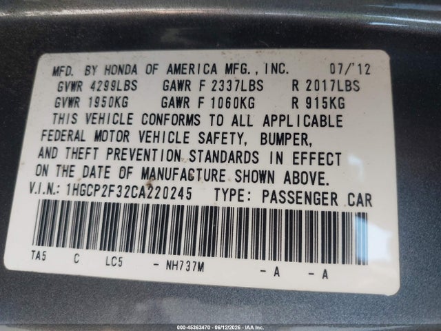 2012 Honda Accord 2.4 Lx მანქანა იყიდება აუქციონზე, vin: 1HGCP2F32CA220245, აუქციონის ნომერი: 45363470