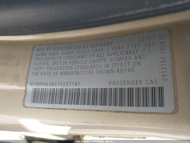 45363477 :رقم المزاد ، WVWPH63B01P207147 vin ، 2001 Volkswagen Passat Gls V6 مزاد بيع