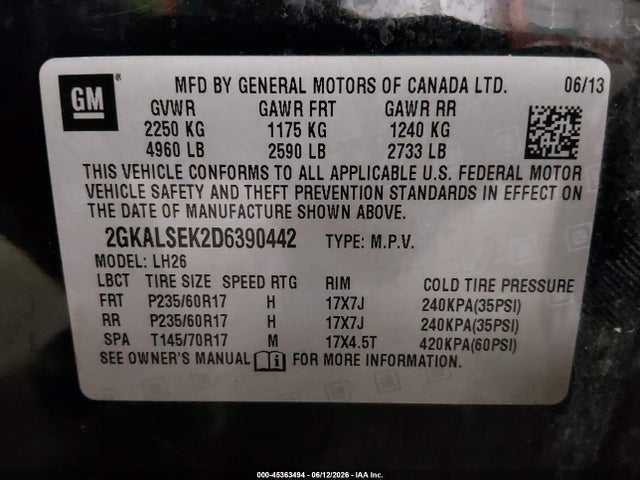 Продаж на аукціоні авто 2013 Gmc Terrain Sle-2, vin: 2GKALSEK2D6390442, номер лоту: 45363494
