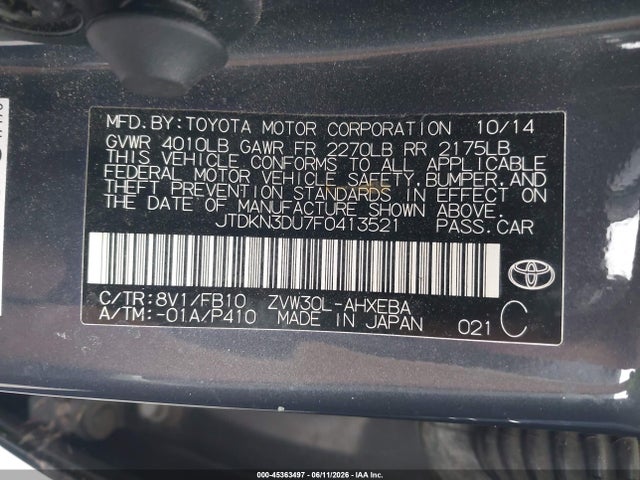 JTDKN3DU7F0413521 Toyota Prius Three