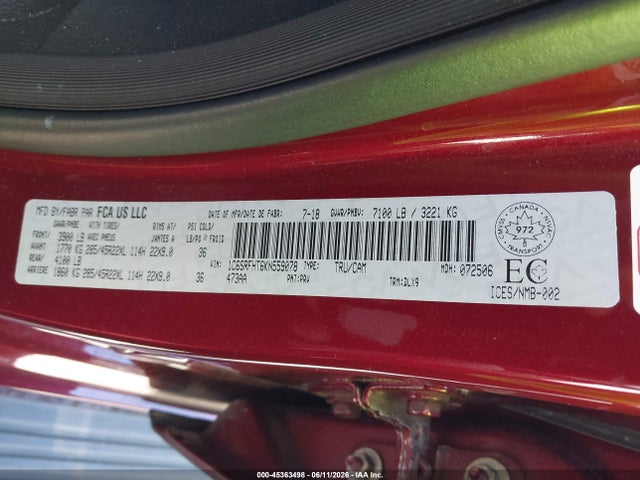 45363498 :رقم المزاد ، 1C6SRFHT6KN559078 vin ، 2019 Ram 1500 Limited مزاد بيع
