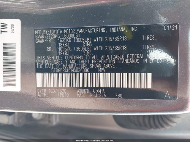Toyota Highlander Hybrid Xle 2021 5TDGBRCH5MS036090 Image 9