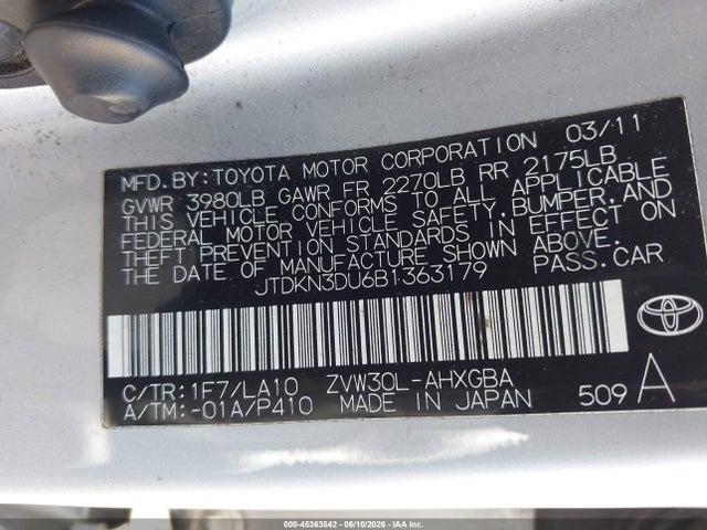 Aukcja sprzedaży 2011 Toyota Prius Four, vin: JTDKN3DU6B1363179, numer aukcji: 45363542
