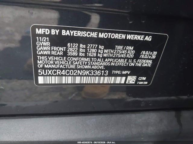 45363574 :رقم المزاد ، 5UXCR4C02N9K33613 vin ، 2022 Bmw X5 Sdrive40i مزاد بيع
