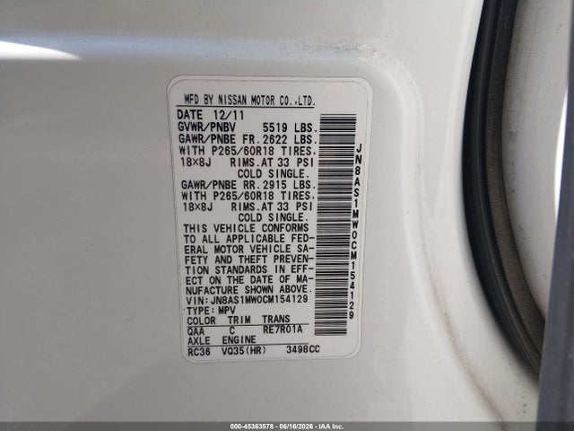 2012 Infiniti Fx35 მანქანა იყიდება აუქციონზე, vin: JN8AS1MW0CM154129, აუქციონის ნომერი: 45363578