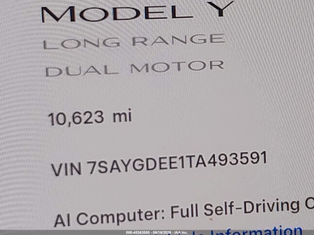 Aukcja sprzedaży 2026 Tesla Model Y, vin: 7SAYGDEE1TA493591, numer aukcji: 45363580