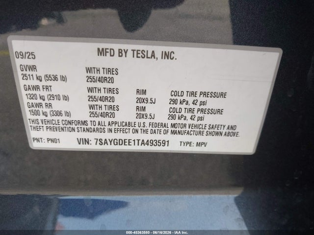 Aukcja sprzedaży 2026 Tesla Model Y, vin: 7SAYGDEE1TA493591, numer aukcji: 45363580