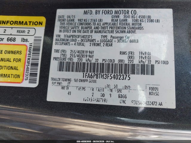 Aukcja sprzedaży 2015 Ford Mustang Ecoboost, vin: 1FA6P8TH3F5402375, numer aukcji: 45363585