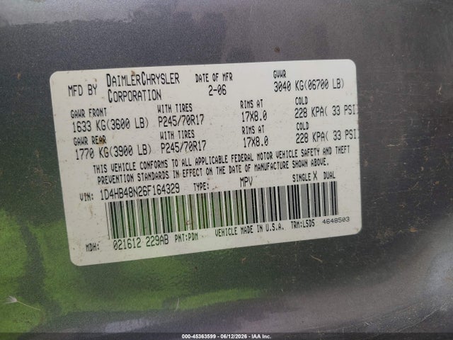 Продажа на аукционе авто 2006 Dodge Durango Slt, vin: 1D4HB48N26F164329, номер лота: 45363599