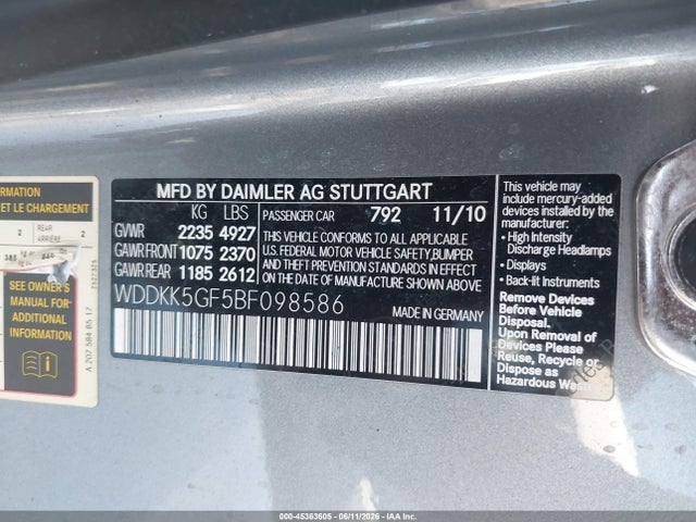Aukcja sprzedaży 2011 Mercedes-benz E 350, vin: WDDKK5GF5BF098586, numer aukcji: 45363605