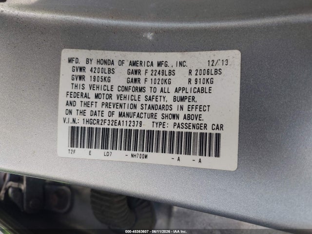 Продаж на аукціоні авто 2014 Honda Accord Lx, vin: 1HGCR2F32EA112379, номер лоту: 45363607