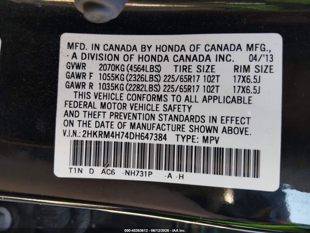 45363612 :رقم المزاد ، 2HKRM4H74DH647384 vin ، 2013 Honda Cr-v Ex-l مزاد بيع
