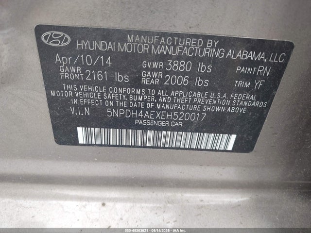 2014 Hyundai Elantra Se მანქანა იყიდება აუქციონზე, vin: 5NPDH4AEXEH520017, აუქციონის ნომერი: 45363621