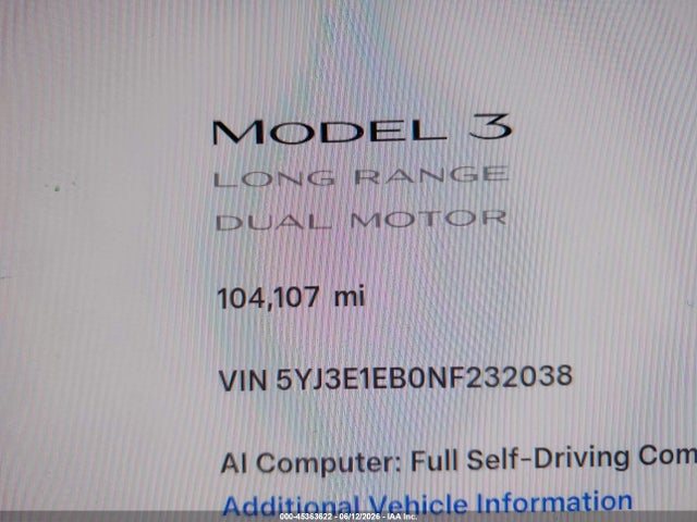 Aukcja sprzedaży 2022 Tesla Model 3 Long Range Dual Motor All-wheel Drive, vin: 5YJ3E1EB0NF232038, numer aukcji: 45363622