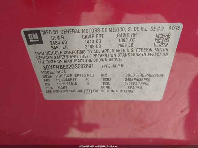 45363639 :رقم المزاد ، 3GYFNBE32GS582691 vin ، 2016 Cadillac Srx Luxury Collection مزاد بيع