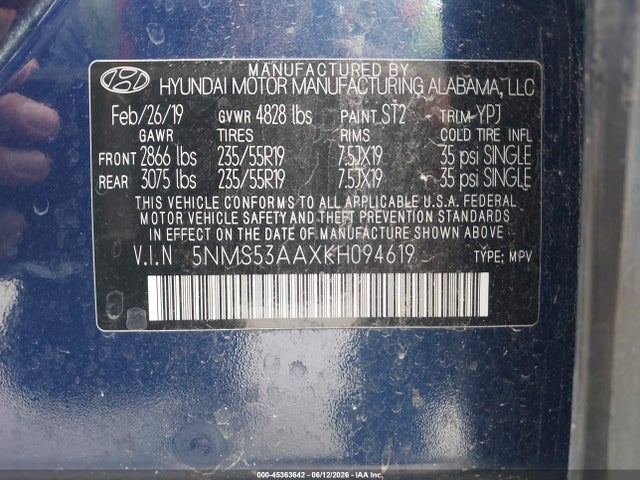 Продажа на аукционе авто 2019 Hyundai Santa Fe Ultimate 2.0t, vin: 5NMS53AAXKH094619, номер лота: 45363642