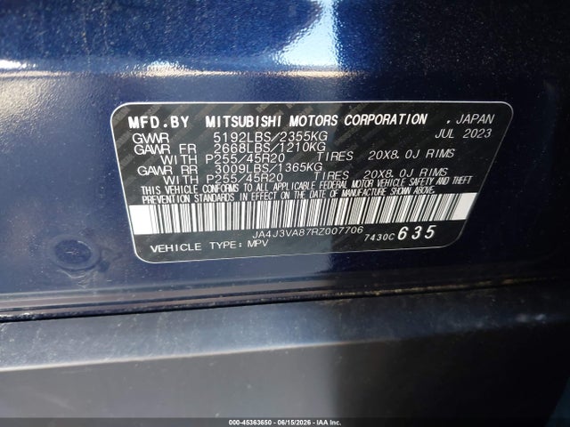 Aukcja sprzedaży 2024 Mitsubishi Outlander Se 2.5 2wd, vin: JA4J3VA87RZ007706, numer aukcji: 45363650