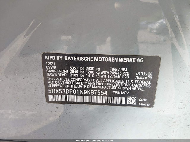 Продаж на аукціоні авто 2022 Bmw X3 Xdrive30i, vin: 5UX53DP01N9K87554, номер лоту: 45363653