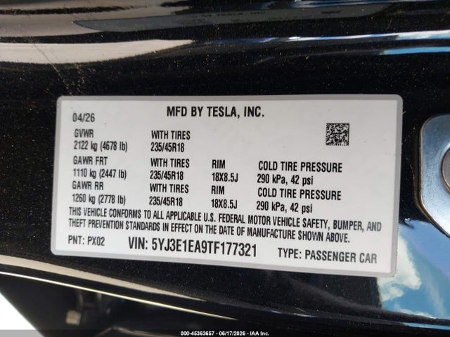 Продажа на аукционе авто 2026 Tesla Model 3 Premium Rear-wheel Drive/rear-wheel Drive, vin: 5YJ3E1EA9TF177321, номер лота: 45363657