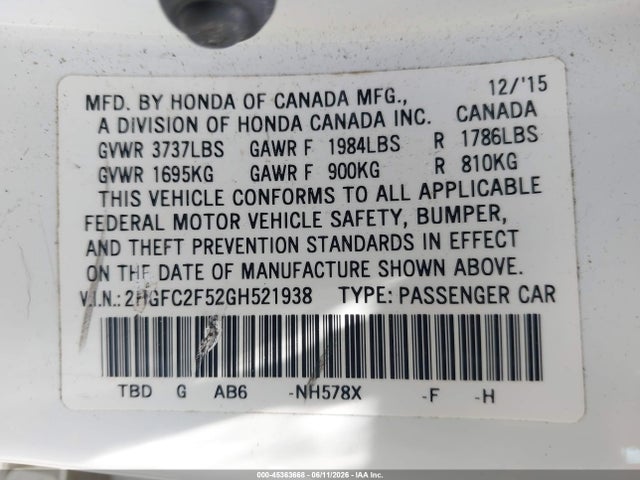 Aukcja sprzedaży 2016 Honda Civic Lx, vin: 2HGFC2F52GH521938, numer aukcji: 45363668