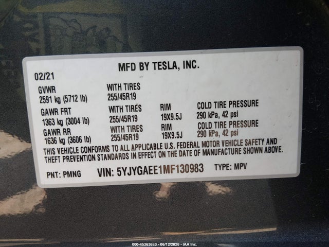 2021 Tesla Model Y Long Range Dual Motor All-wheel Drive მანქანა იყიდება აუქციონზე, vin: 5YJYGAEE1MF130983, აუქციონის ნომერი: 45363680